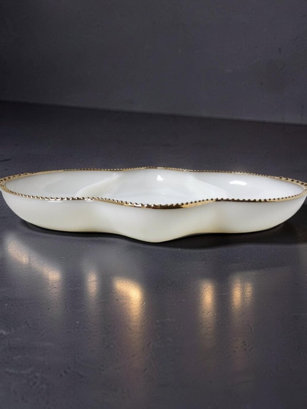 Vintage Fire King Ovenware Milk Glass Gold Trim 11" Split Condiment / Relish Dis